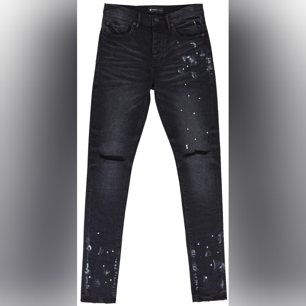 Size 36 34- New Purple Brand Resin Knee Slit Over Spray Slim-Fit Black Jeans